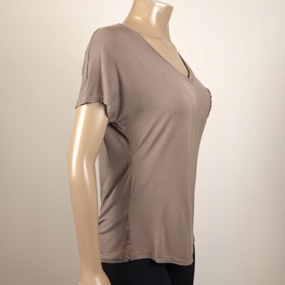 Bedo Femme Sequin Pocket Top Vneck Short Sleeve Dolman Tshirt Brown Gold Modal - Picture 7 of 9